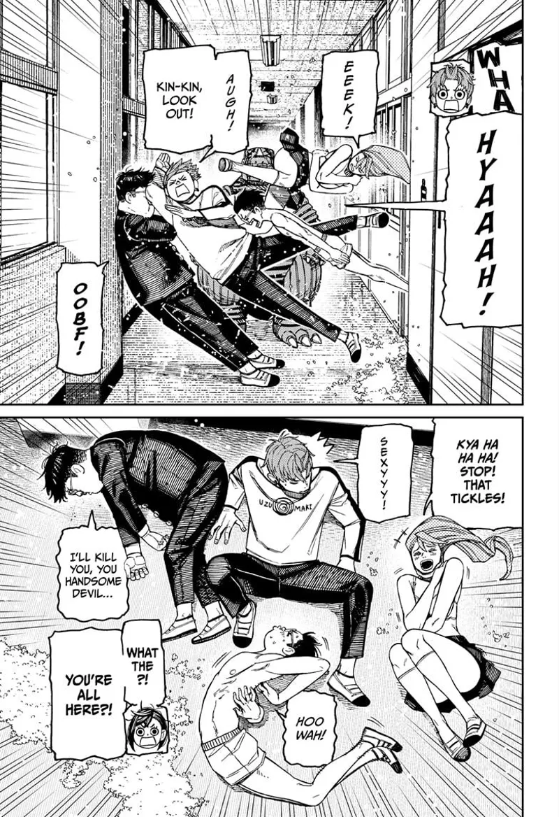 Okarun, Aira, and Tiny Momo destroy the door and crash through Jiji, Kinta, and Kaiju Vamola in the corridor.