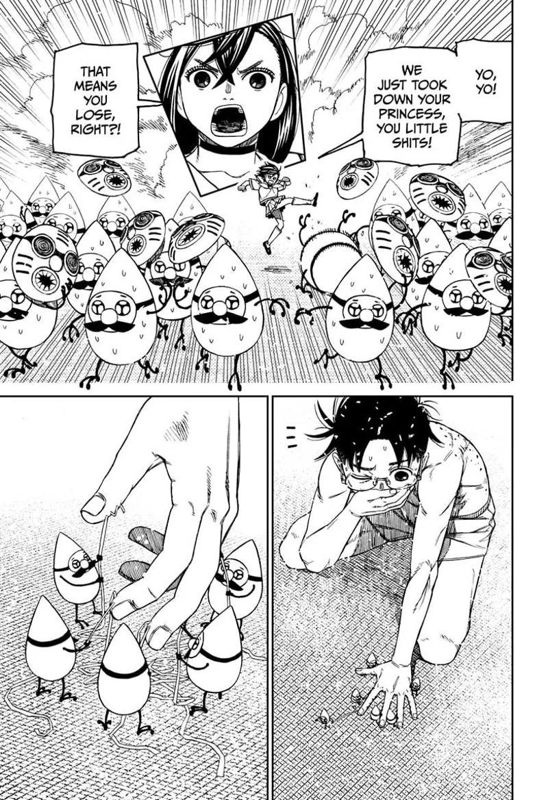 Tiny Momo chases and kicks some of the pygmies. The pygmies remove the threads stitching Okarun's hand to the floor.