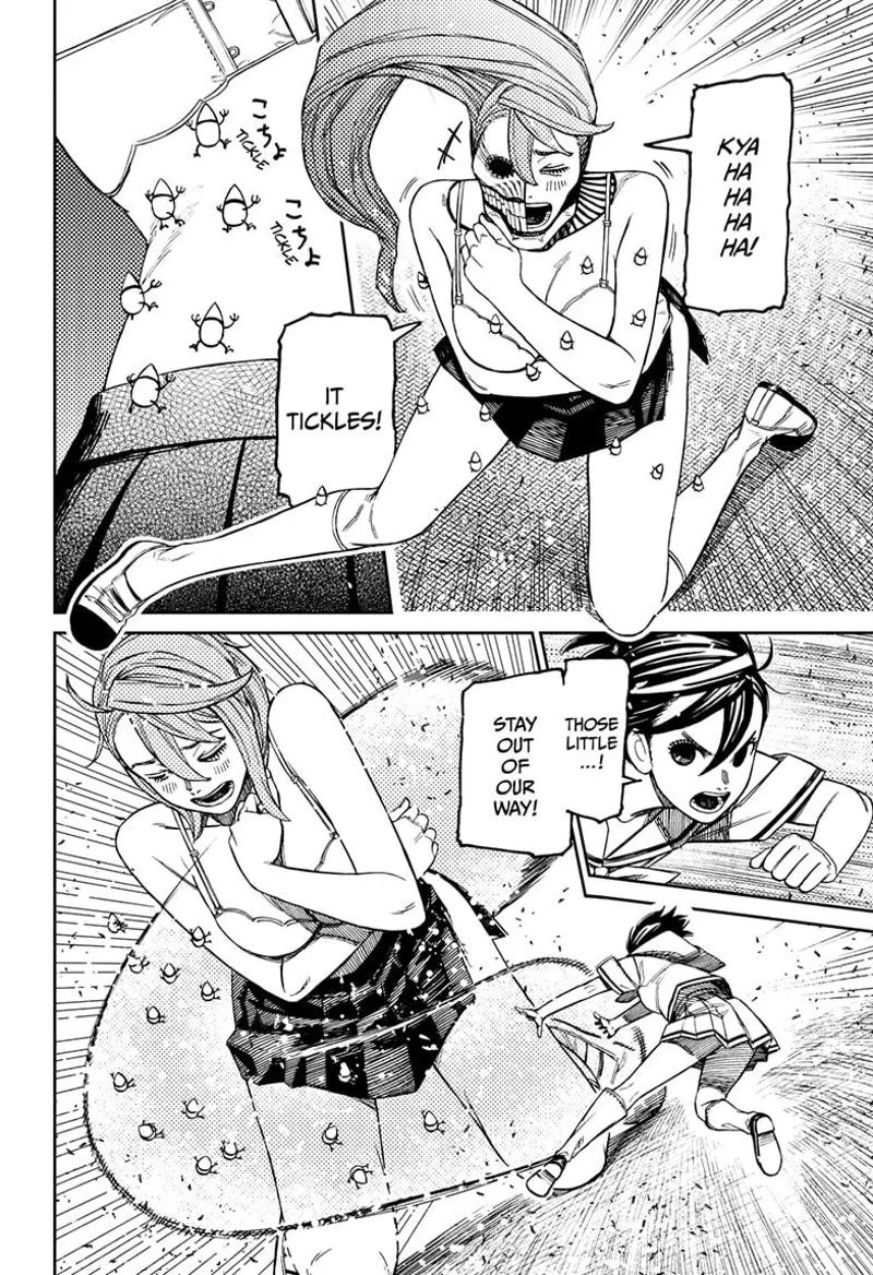 Yokai Aira is immobilized as the pygmies tickle her. Tiny Momo swaths the pygmies out of Aira's body.