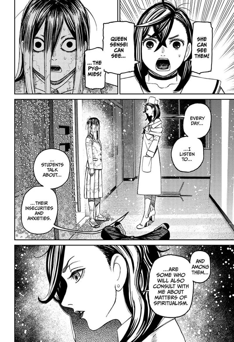 Tiny Momo is shocked Queen Sensei can see the pygmies. The culprit student lady is also surprised. She stands before her.