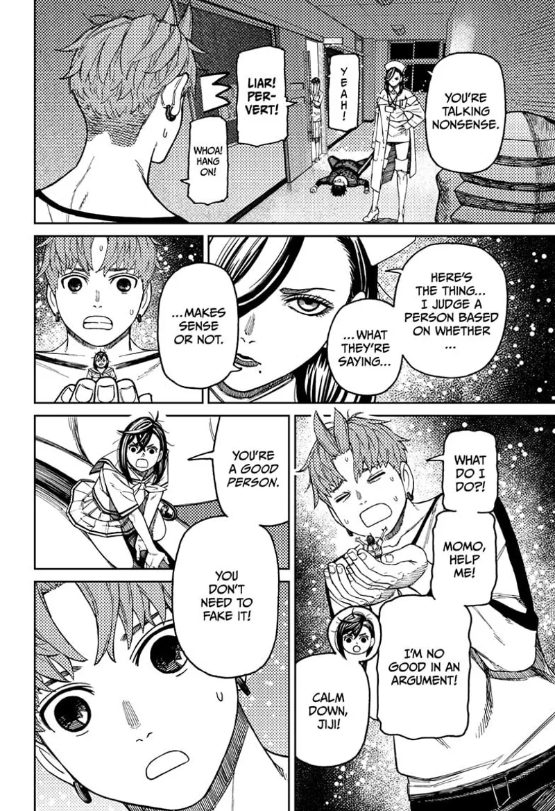 Jiji is nervous as Queen Sensei hudges her for being dishonest. Momo tells her not to fake it because he is a good person.