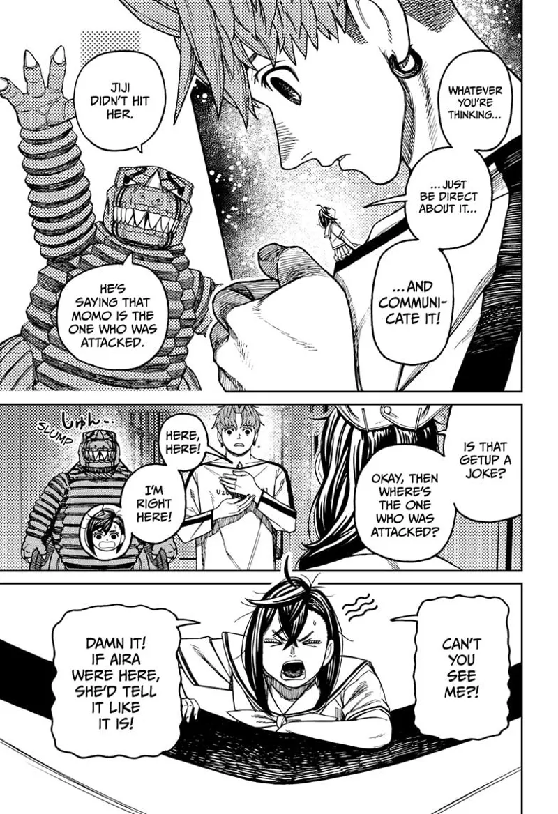 Jiji holds tiny Momo close to him. Kaiju Vamola tells Queen Sensei that Momo attacked the lady.