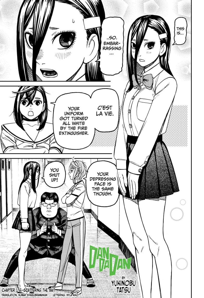Kouki stands, and tiny Momo tells her her uniform got white due to the fire extinguisher. Aira tells her her face still looks depressing.