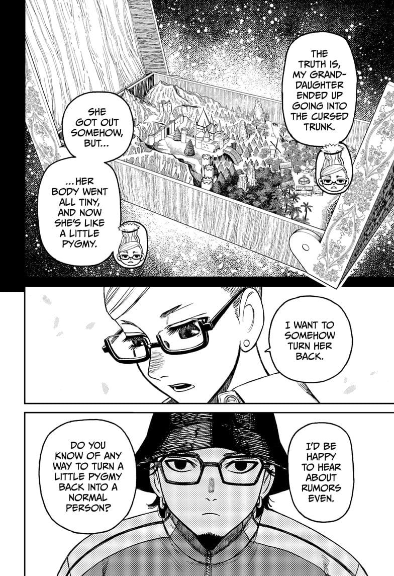 Seiko reveals that her granddaughter became tiny after entering the cursed trunk. Kashimoto listens as Seiko asks for information to bring her back to normal size.