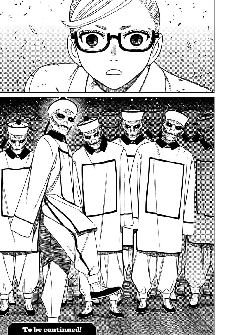 Grandma Seiko is shocked after seeing an army of soldiers with hideous, skinny faces wearing white robes.