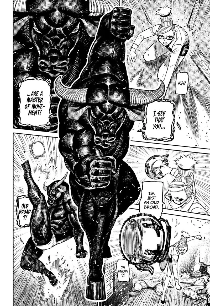 Grandma Seiko recovers. The enemy bull recognizes her as a "Master of Movement." She throws a kettle at him, but the bull kicks it away.