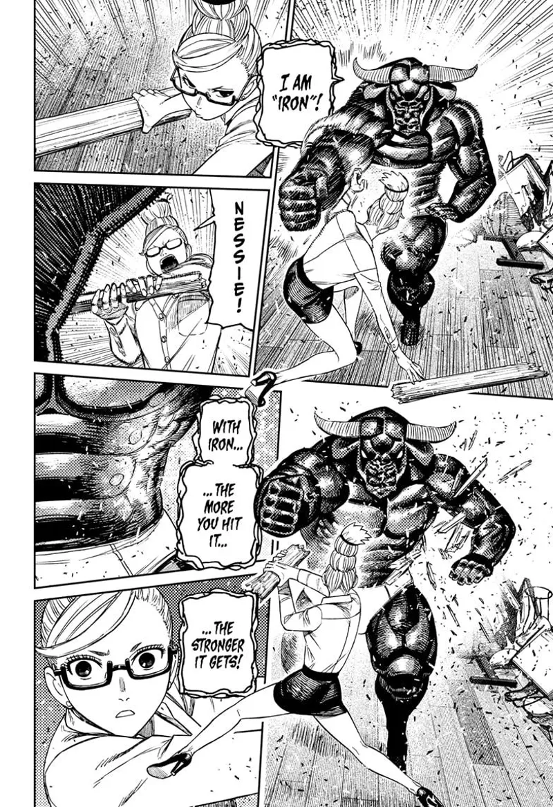 The bull introduces himself as "Iron." Seiko smashes him with a piece of wood, but the wood easily breaks.