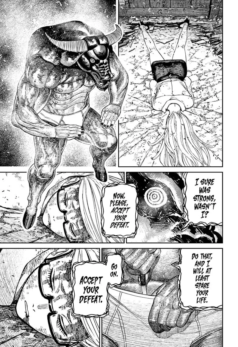 Seiko Ayase is lying on the floor unconscious. Iron stops attacking and takes a tiny knife, similar to what was given to Kouki.
