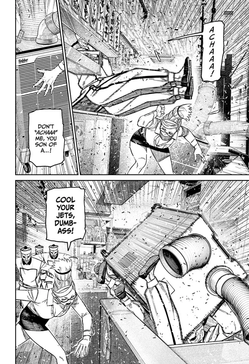 Seiko ducks and rams an air cooler to one of the enemies.