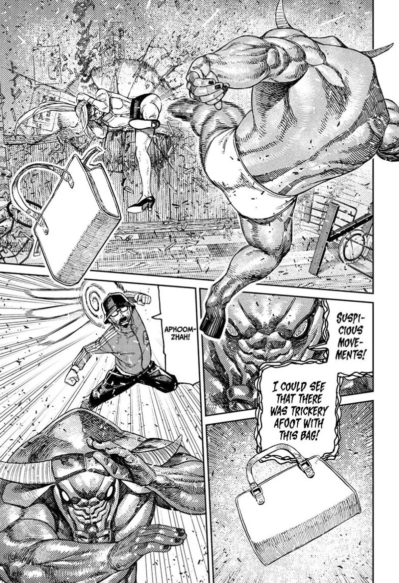 Iron kicks her to the wall. Seiko looses the bag she tried to pick up. Kashimoto attacks Iron from behind.