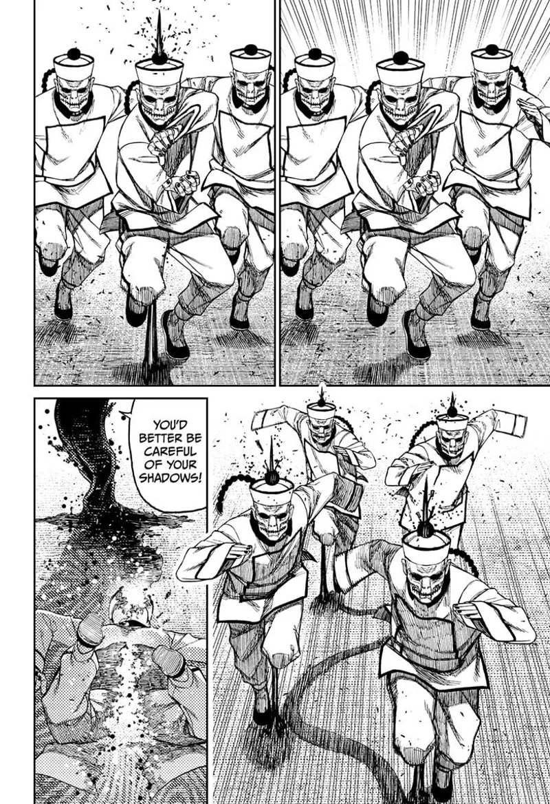 Yokai Payase impales and defeats seven other enemies using the shadow.