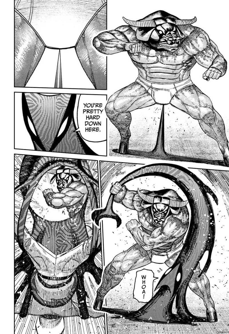 Yokai Payase impales Iron's groin but to no effect. Iron grabs him and throws him away.