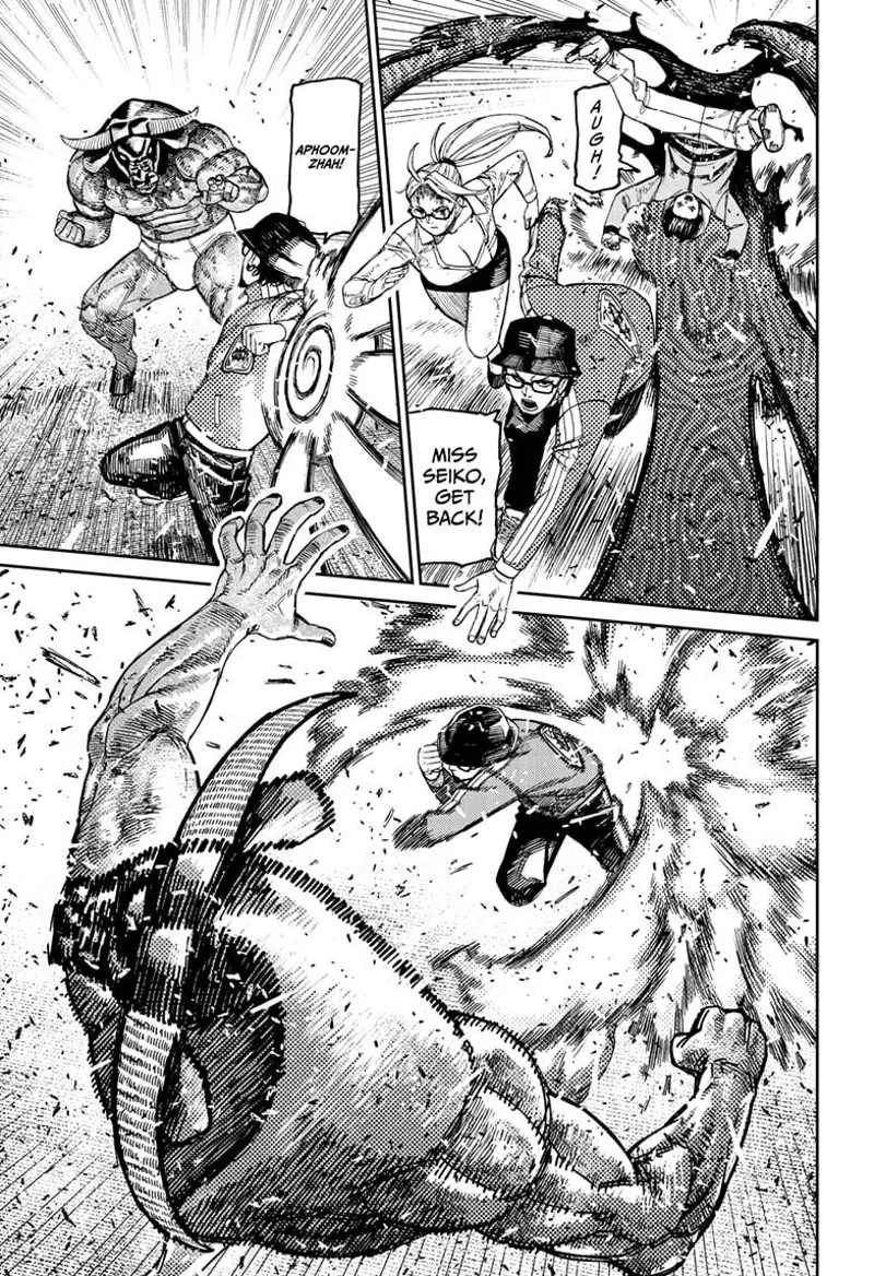 Kashimoto dashes forward and throws Iron away with his powerful punch.
