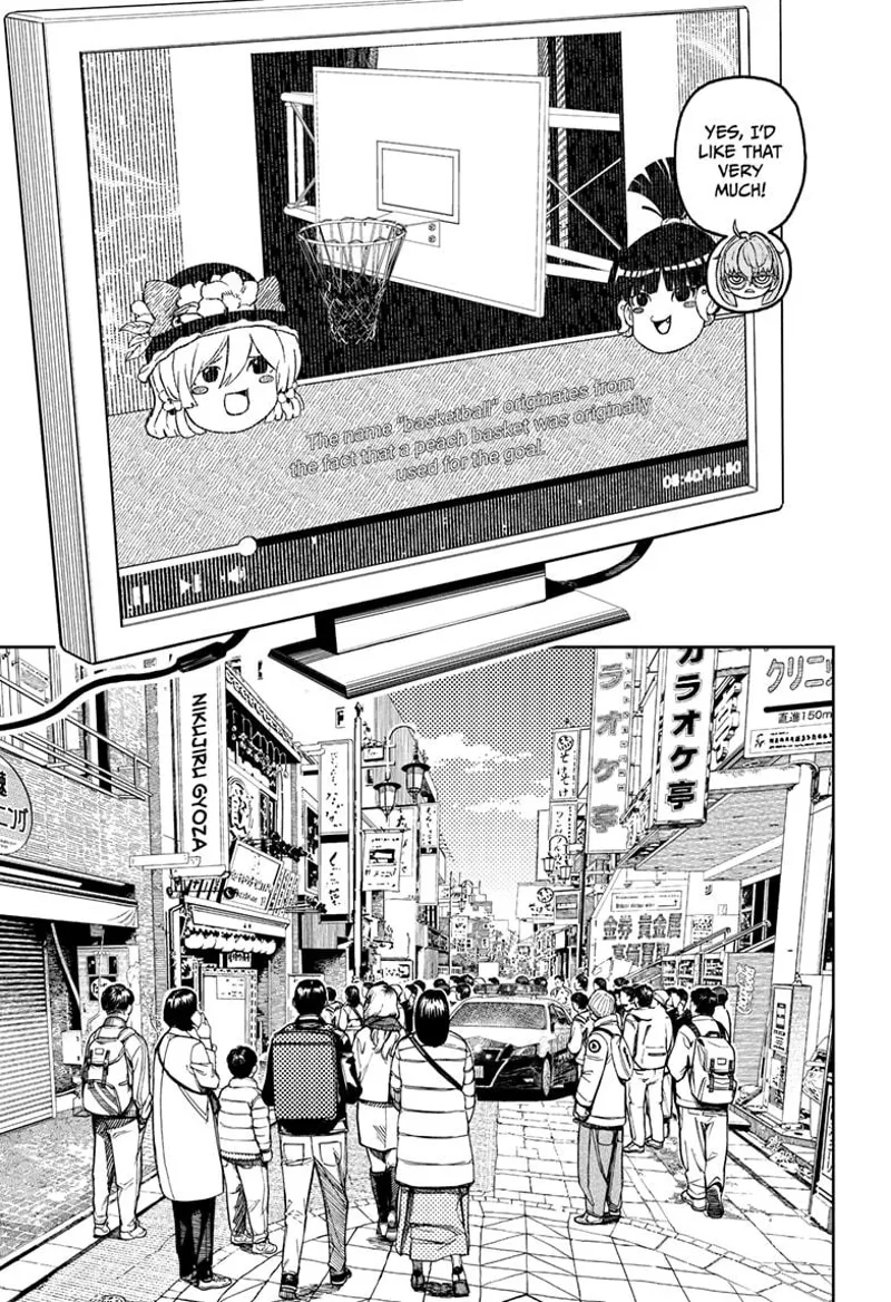 A TV showing a basketball trivia is shown. A police car also arrives outside the Nikujiru Gyoza. The people watch by.