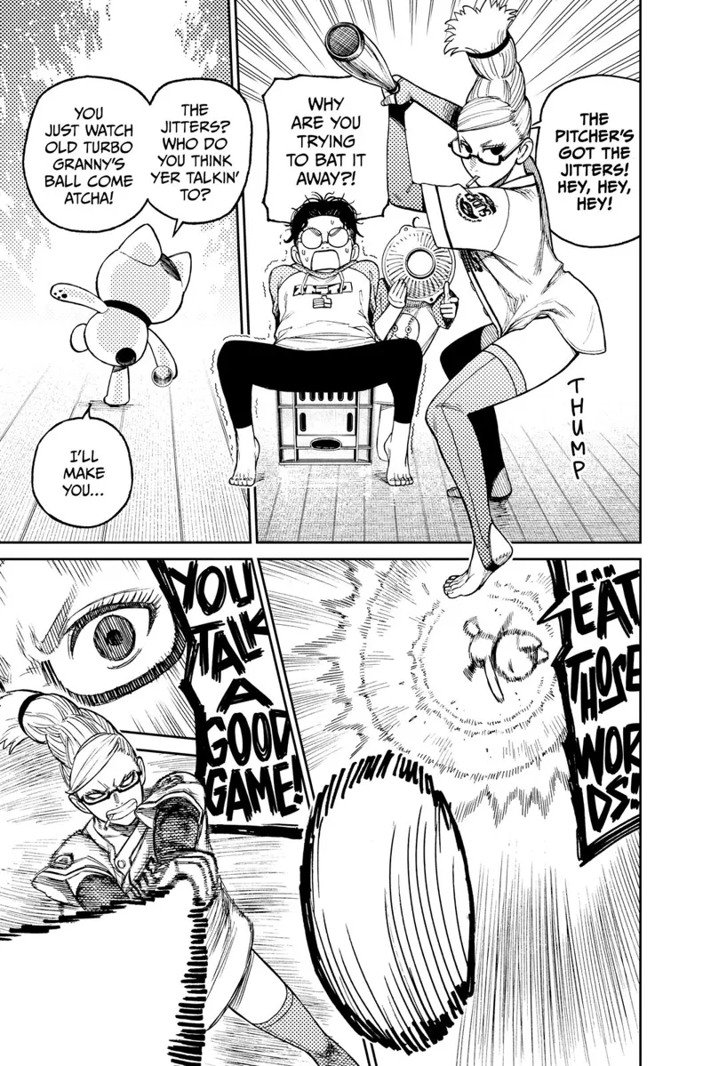 Okarun sits and opens his legs while Granda Seiko stands beside her with a baseball bat. Turbo Granny pitches Okarun's nuts!