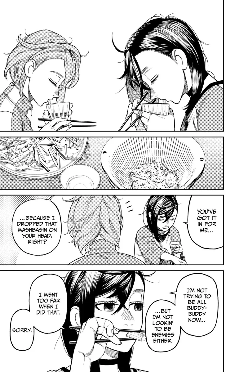 Momo and Aira are eating. Momo apologizes to Aira for dropping a huge washbasin on her head and takes another bite.