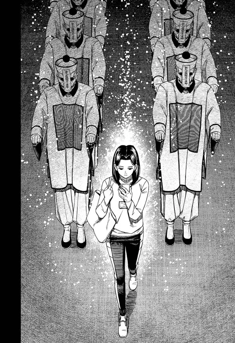 Miss Adachi keeps walking with the Kung Fu guys following behind her.
