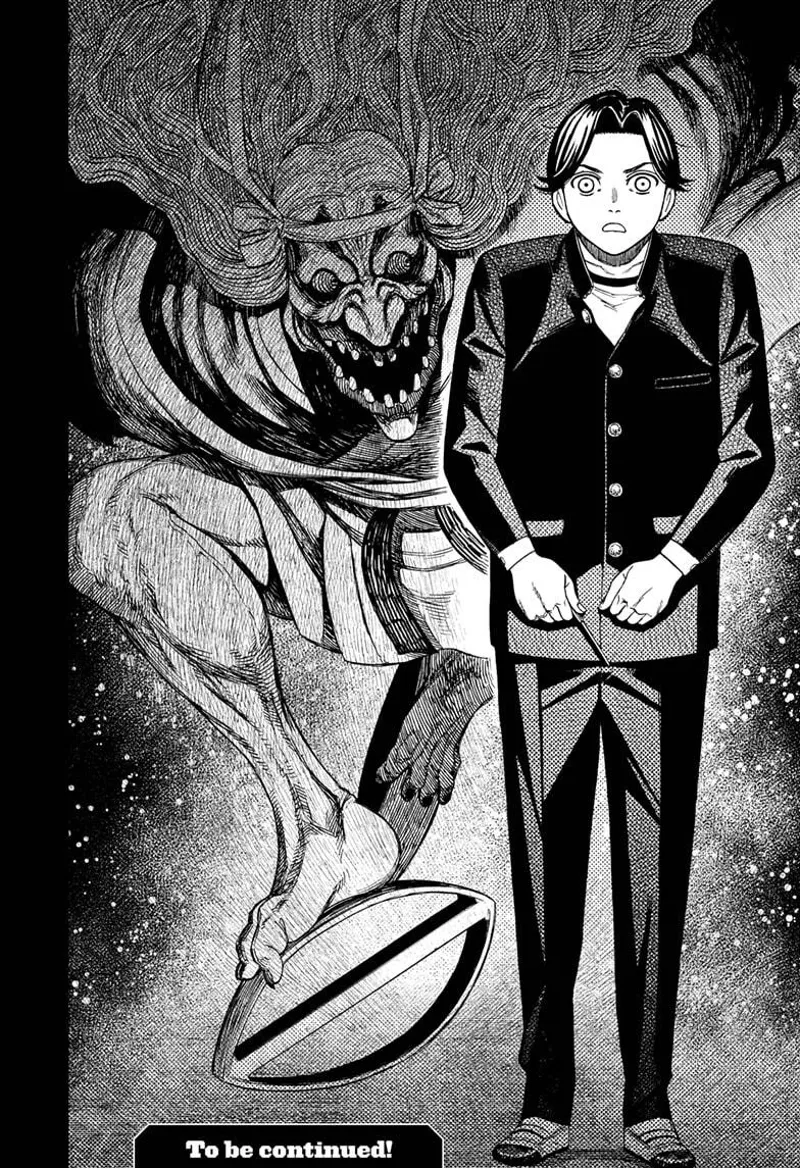 Suddenly, an ugly Yokai appears behind him. He looks surprised as the surrounding turns dark.