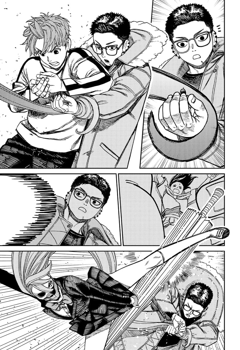 Zuma is shocked that a hair grabs his arm. Jiji grabs tiny Momo. Zuma blocks Yokai Aira's kick with his umbrella.