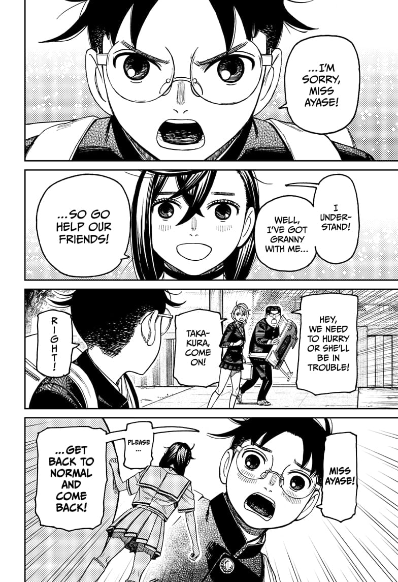 Kinta and Aira urge Okarun to follow faster since their friend is in trouble. Okarun tells Momo to get back to normal.