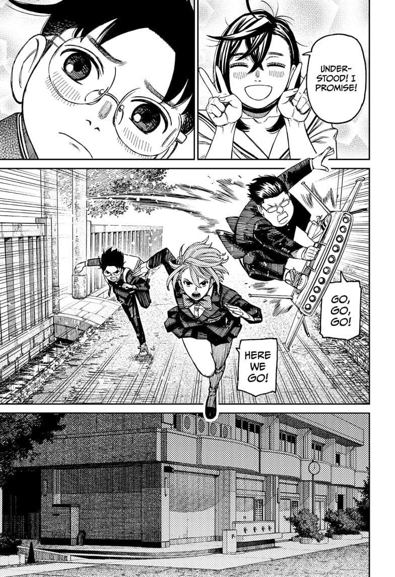 Momo smiles and promises she will. Kinta, Aira, and Okarun run toward the gym where Kouki is taken.