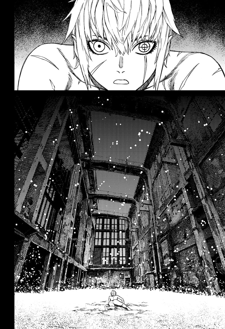 The person is naked. Her left eye is different. She notices he is inside an abandoned apartment.