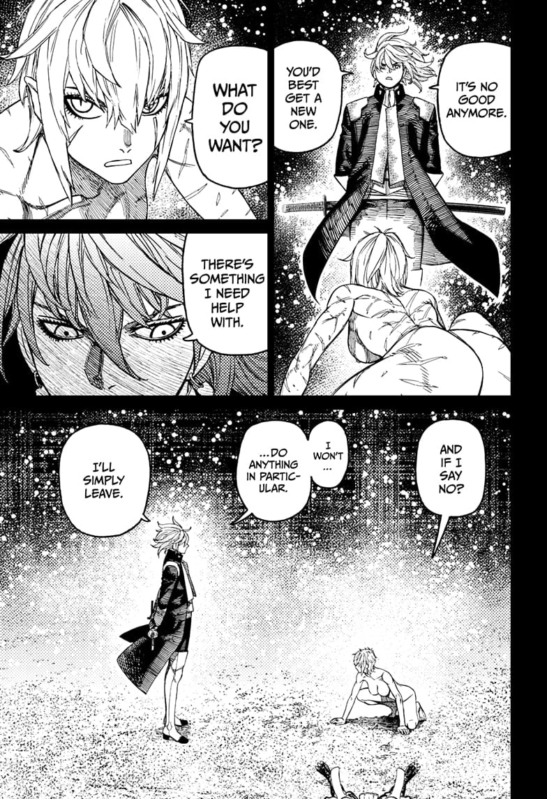 The person with a katana tells the naked lady that his suit is broken and that he wants something from her.