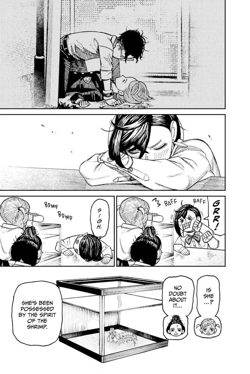 Momo recalls Okarun going on top of Aira. She suddenly punches her face, and her friends think she's possessed.