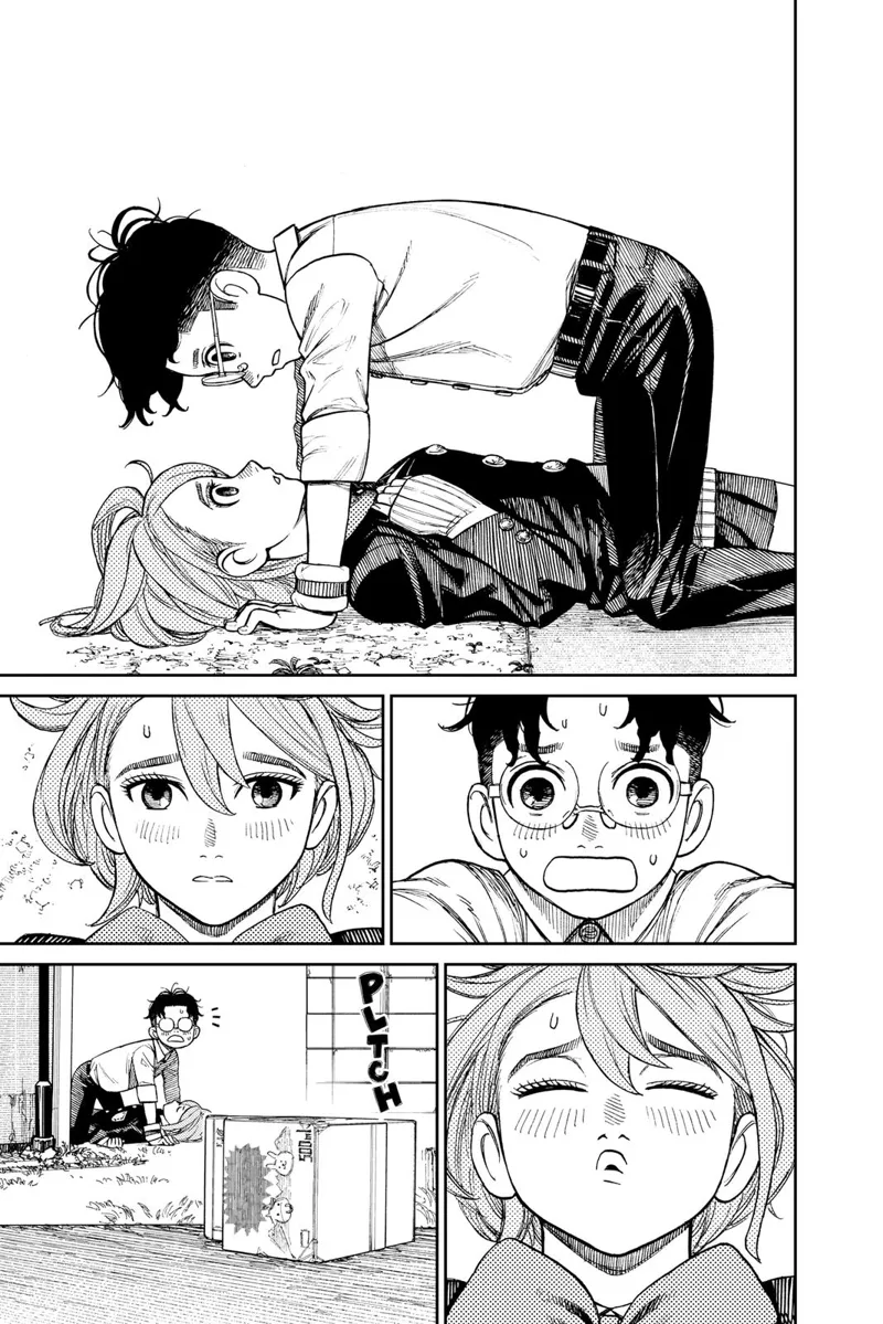 Suddenly, they fall, and Okarun is on top of Aira. Okarun notices two packs of juice dropped nearby.