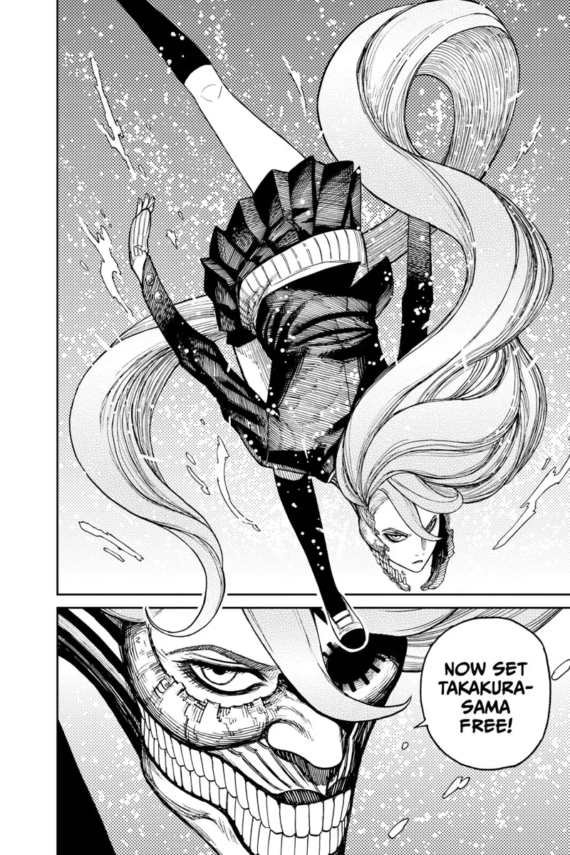 Aira stands with one leg and the other leg up in the air. Her hair is very long, and her teeth resemble the cursed Okarun.