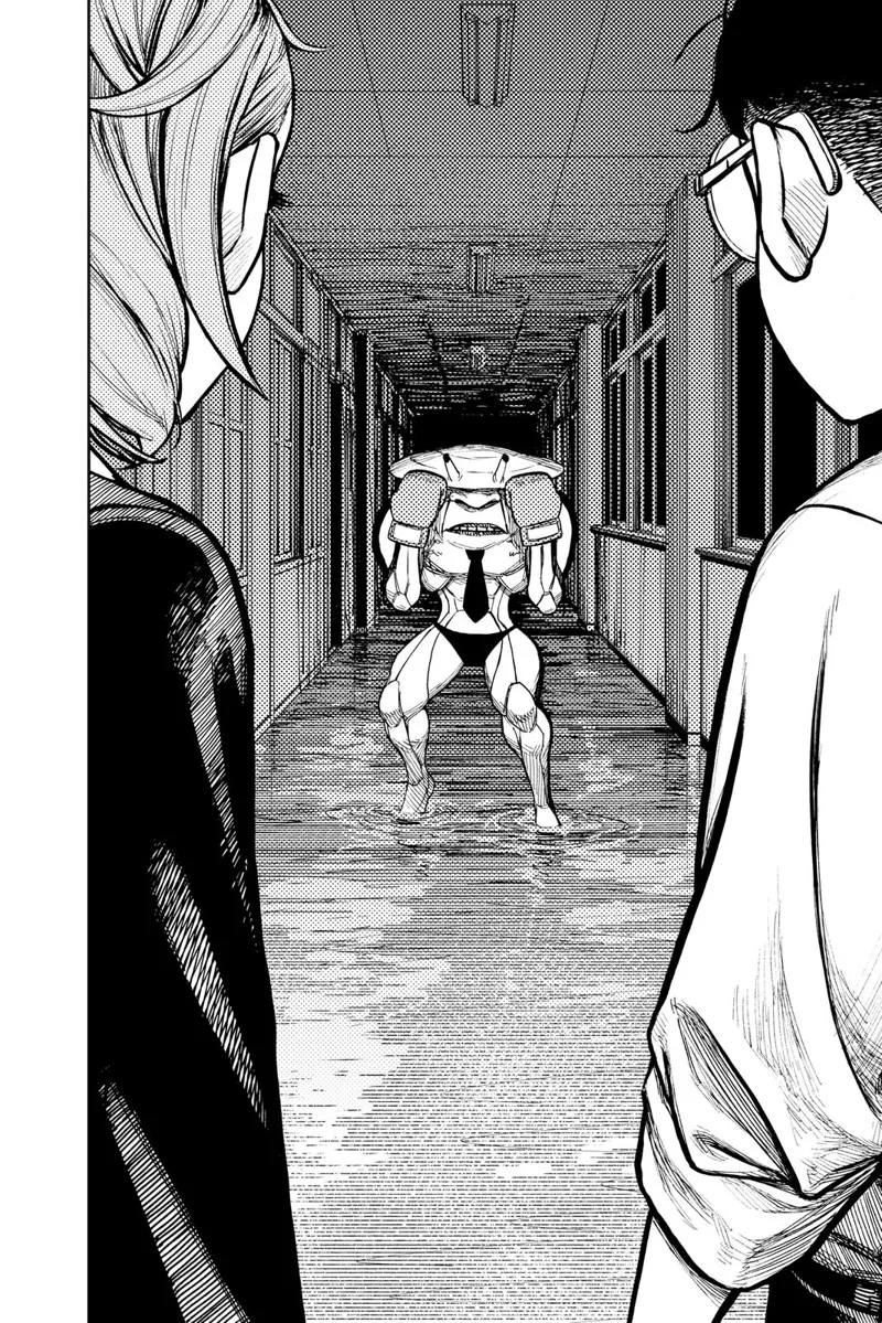 A monster resembling a boxer with a weird head appears in front of Okarun and Aira.