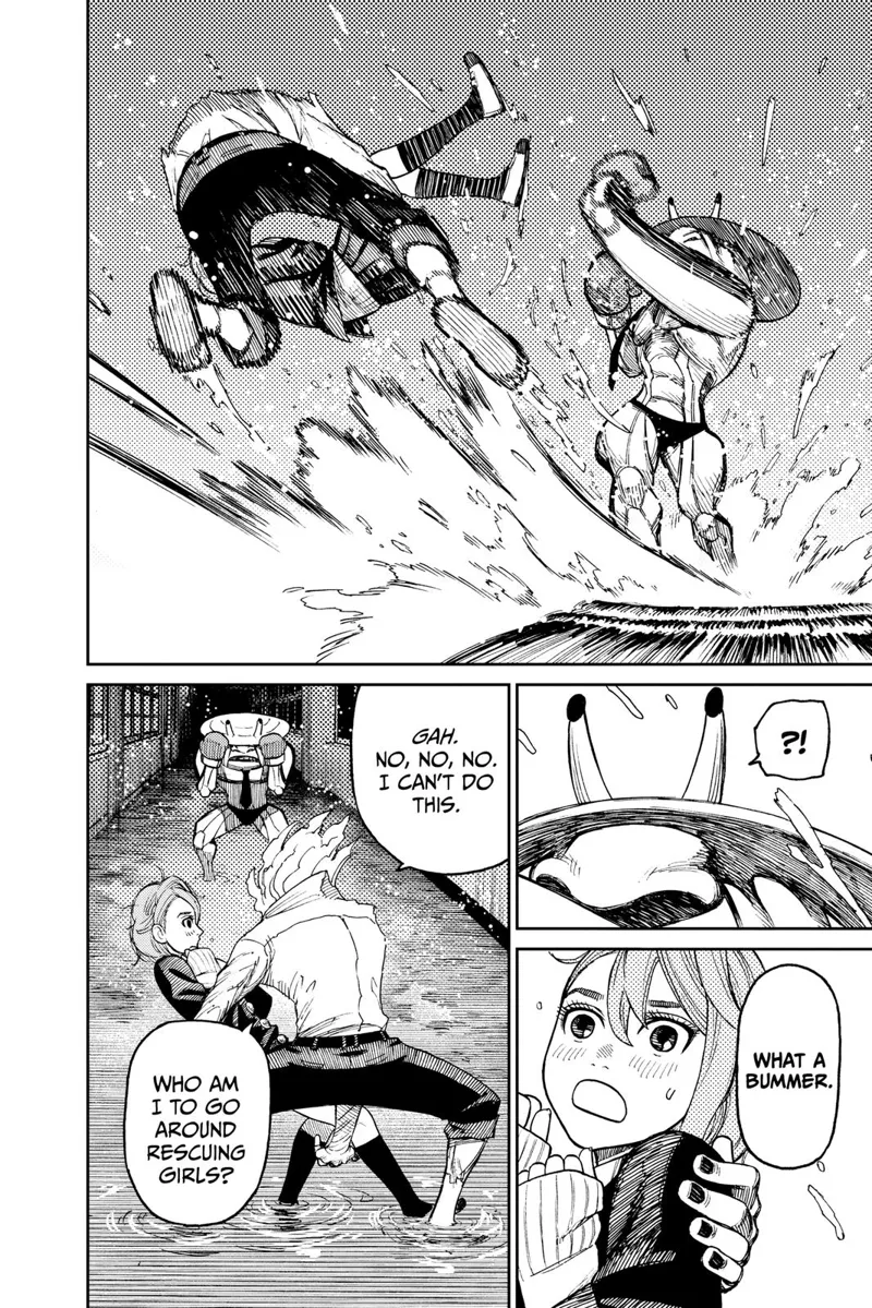 The boxer monster punches Okarun and Aira. Okarun transforms into a cursed Okarun and rescues Aira.