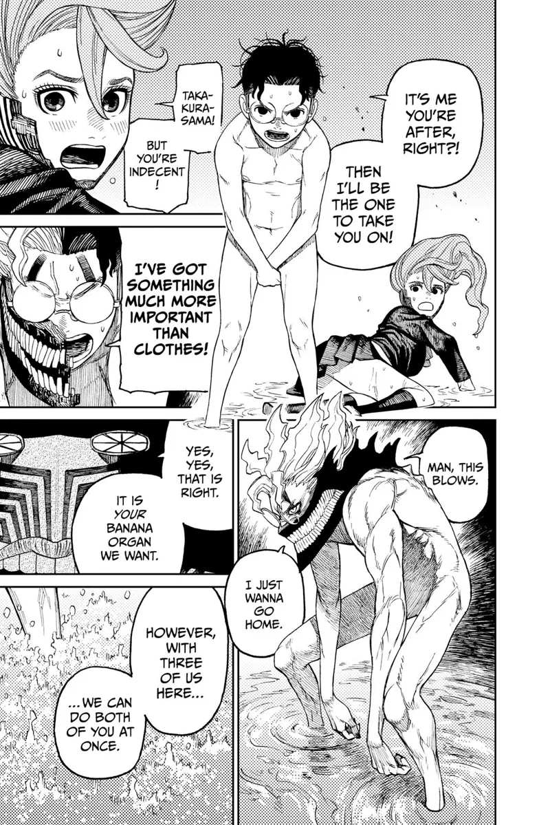 Okarun appears and protects Aira. He is still naked, covering his penis with his hands. Okarun changes into cursed form.