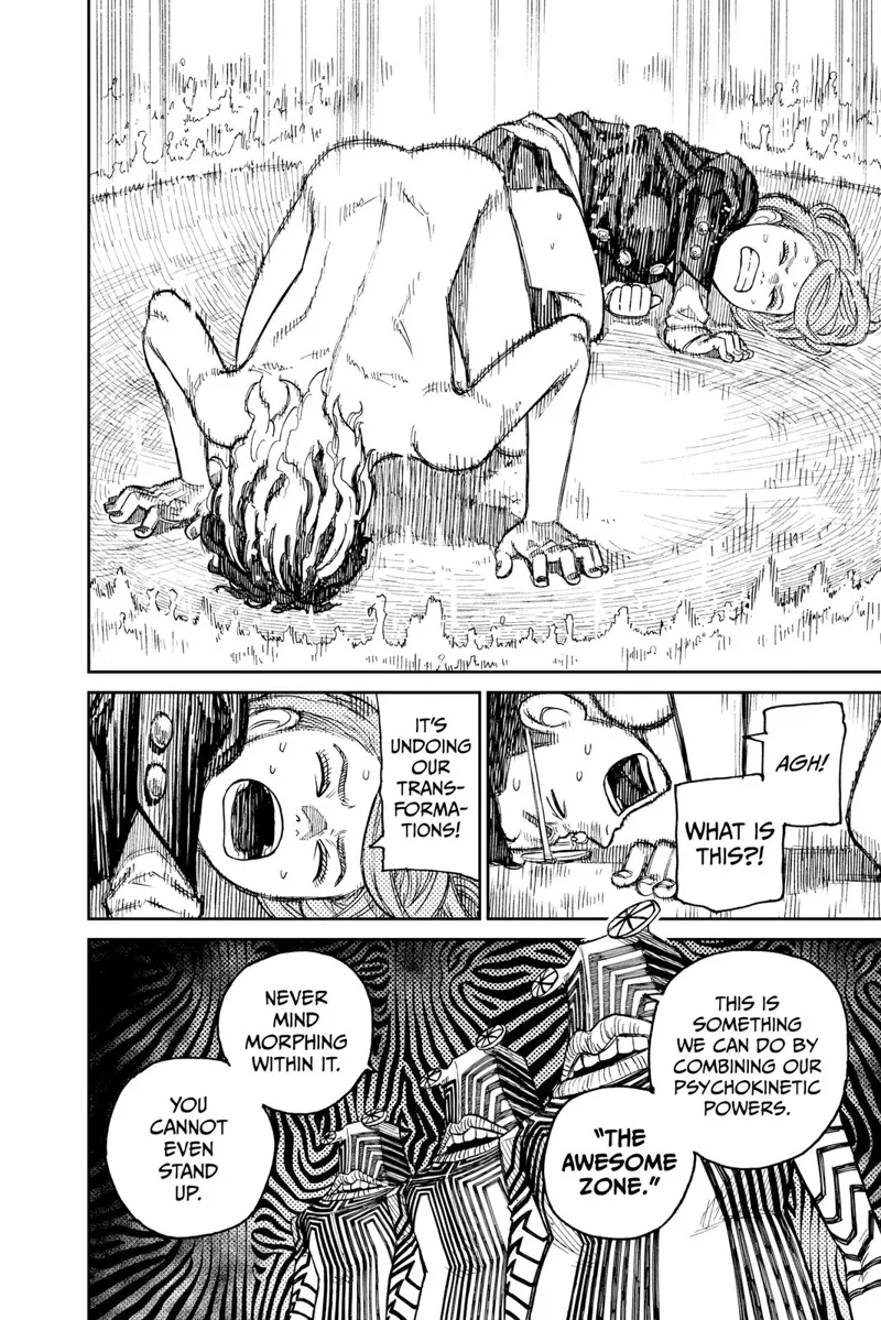 Cursed Okarun returns to normal after getting hit by a powerful gravity force from the Serpoians.