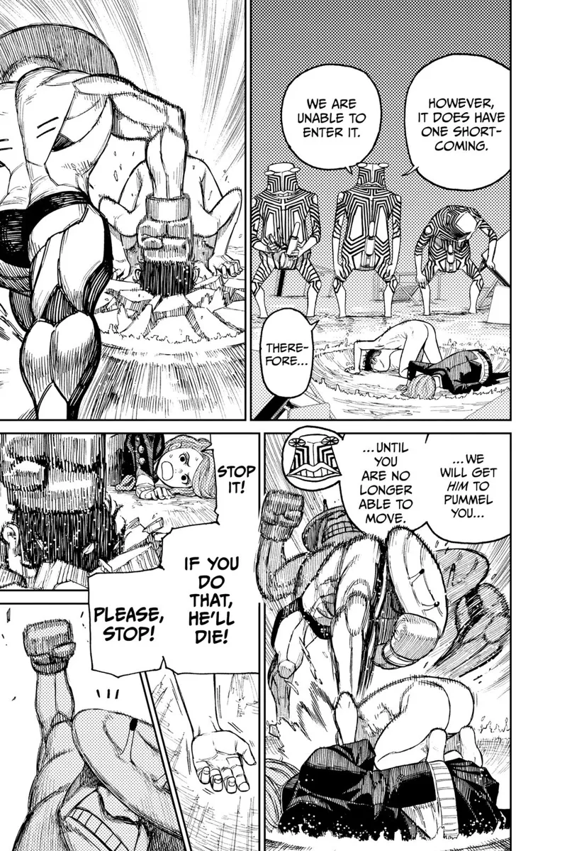 The monster boxer enters the fray and beats up Okarun. Aira tells the monster to stop.