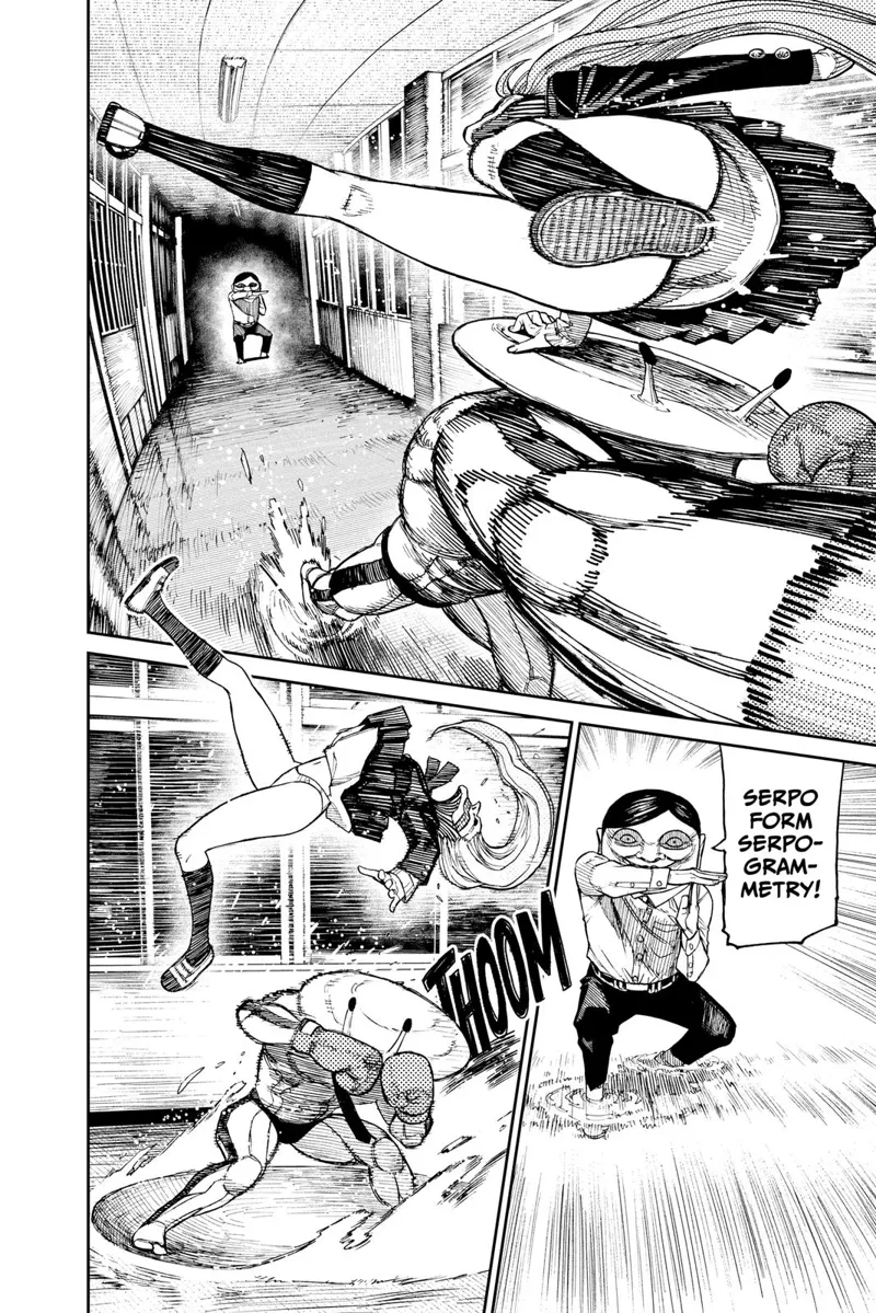 Cursed Aira jumps and dodges the boxer monster's attack. The Serpoian attacks her with "Serpo Form Serpogrammetry."