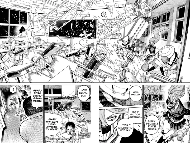 The monster boxer destroys the classroom walls & chair after cursed Aira dodges his punch. Okarun is looking for clothes.