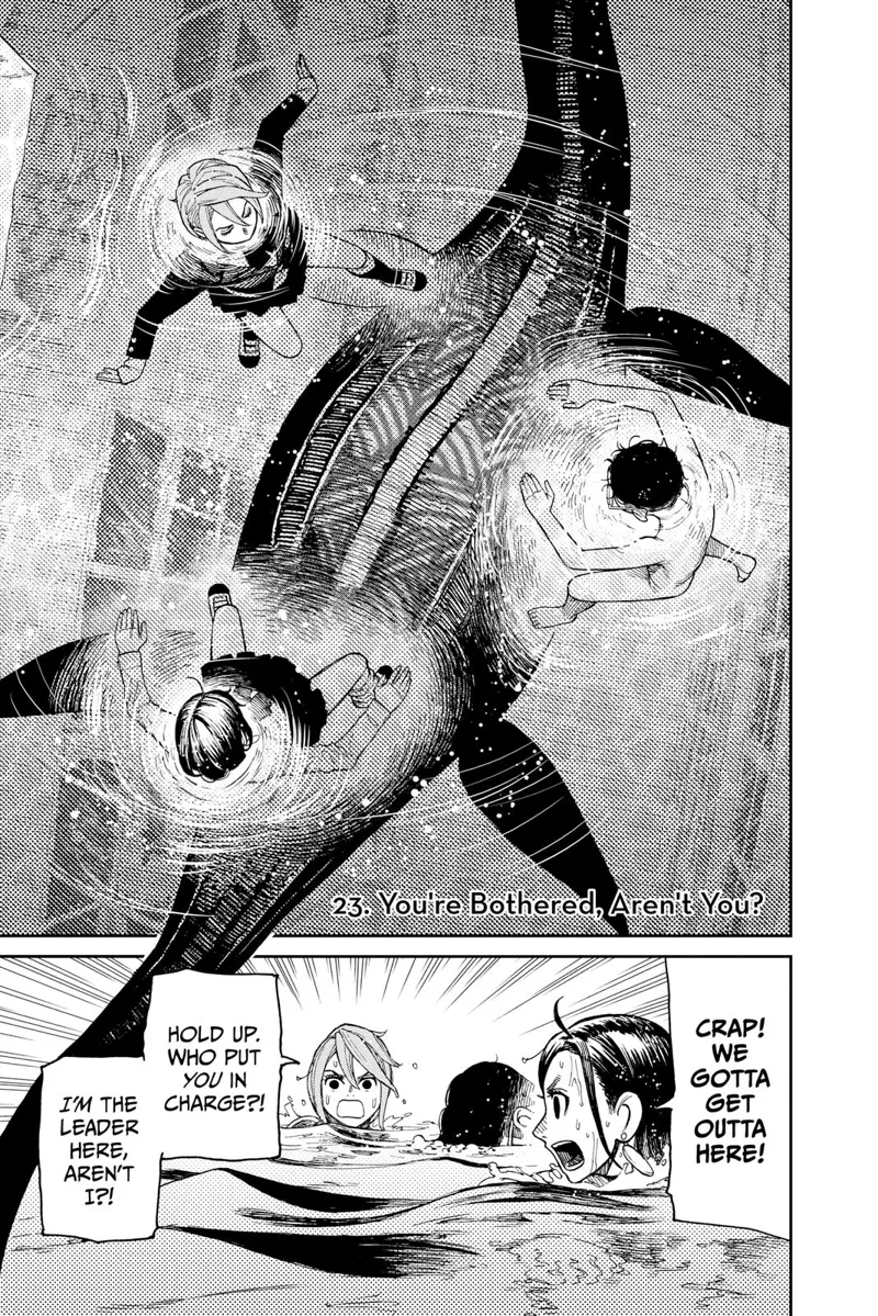 Okarun, Momo, and Aira waddle as a huge black monster swims underwater.