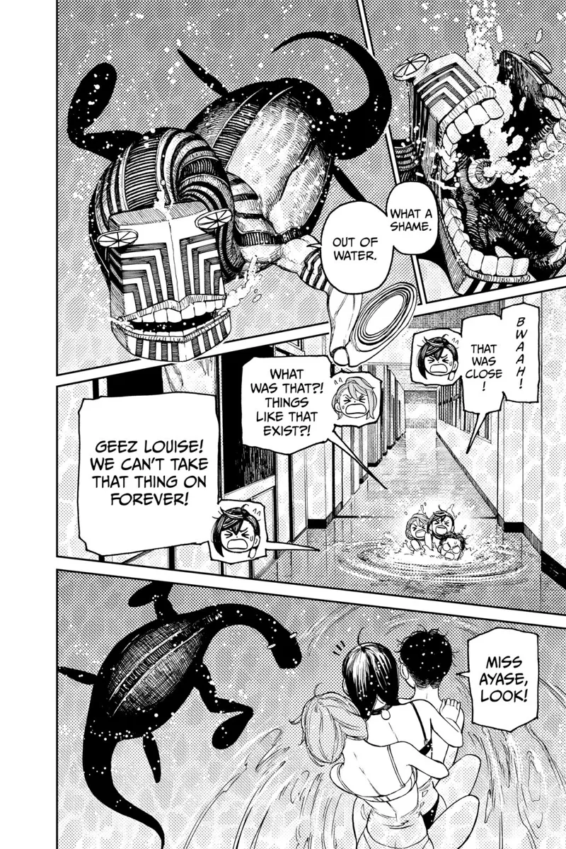 The monster stops firing. Okarun, Aira, and Momo move to the water's surface and see the monster below.