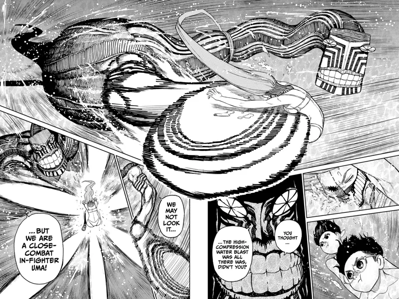 Cursed Aira gets hit by the monster while her hair grabs its neck.