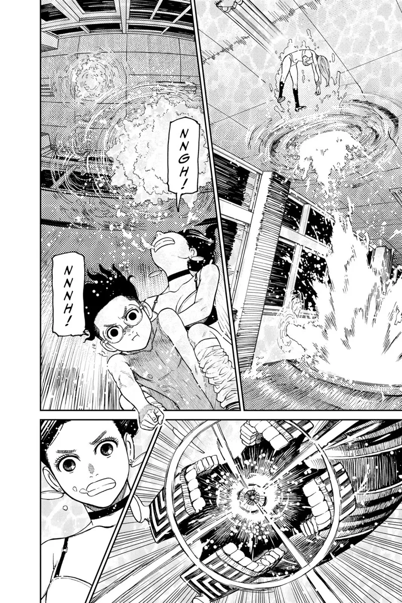 Aira is thrown to the ceiling, which is also water. Momo and Okarun prepare as the monster opens its mouth to attack.