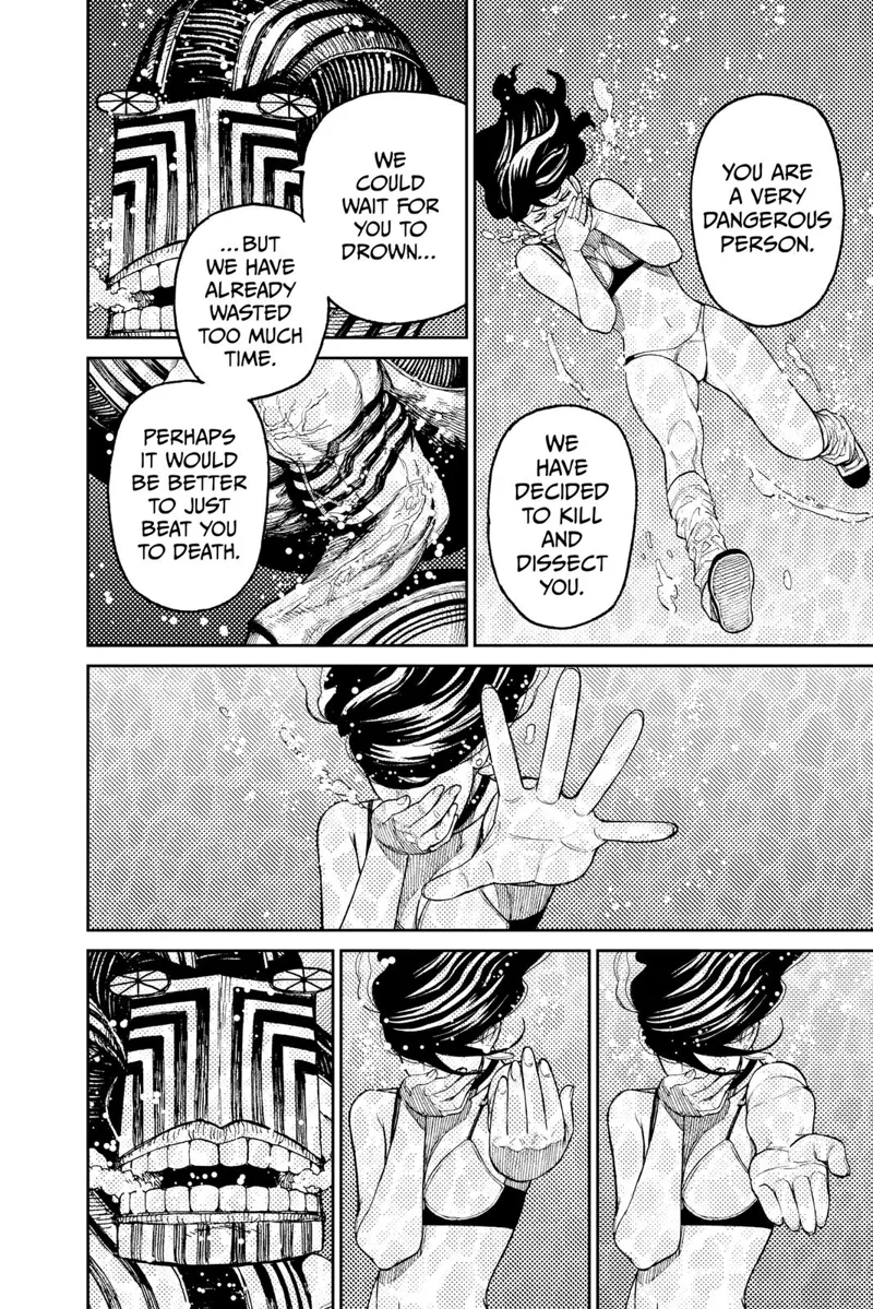Momo holds her breath, extends her arms, and flips her palm upwards in front of the talking monster.