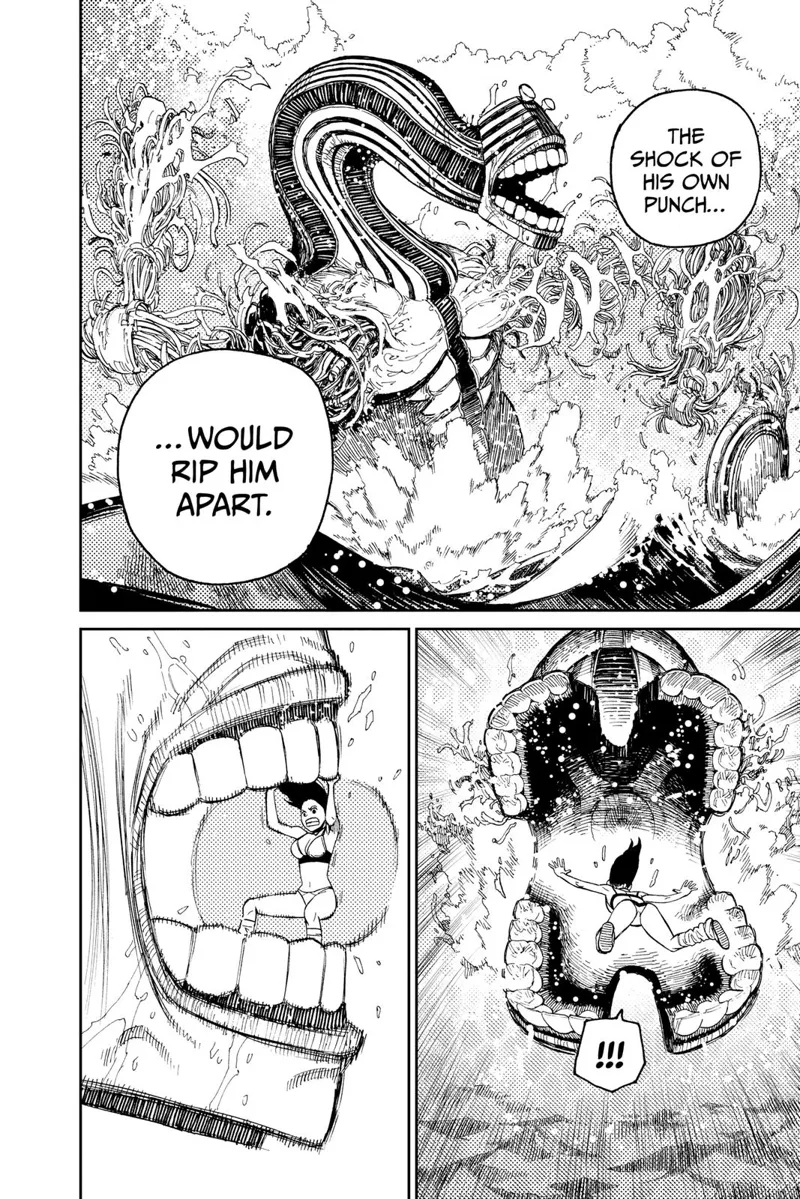 The monster's arms rip apart. It suddenly tries to bite Momo, who is now struggling to catch it between its teeth.