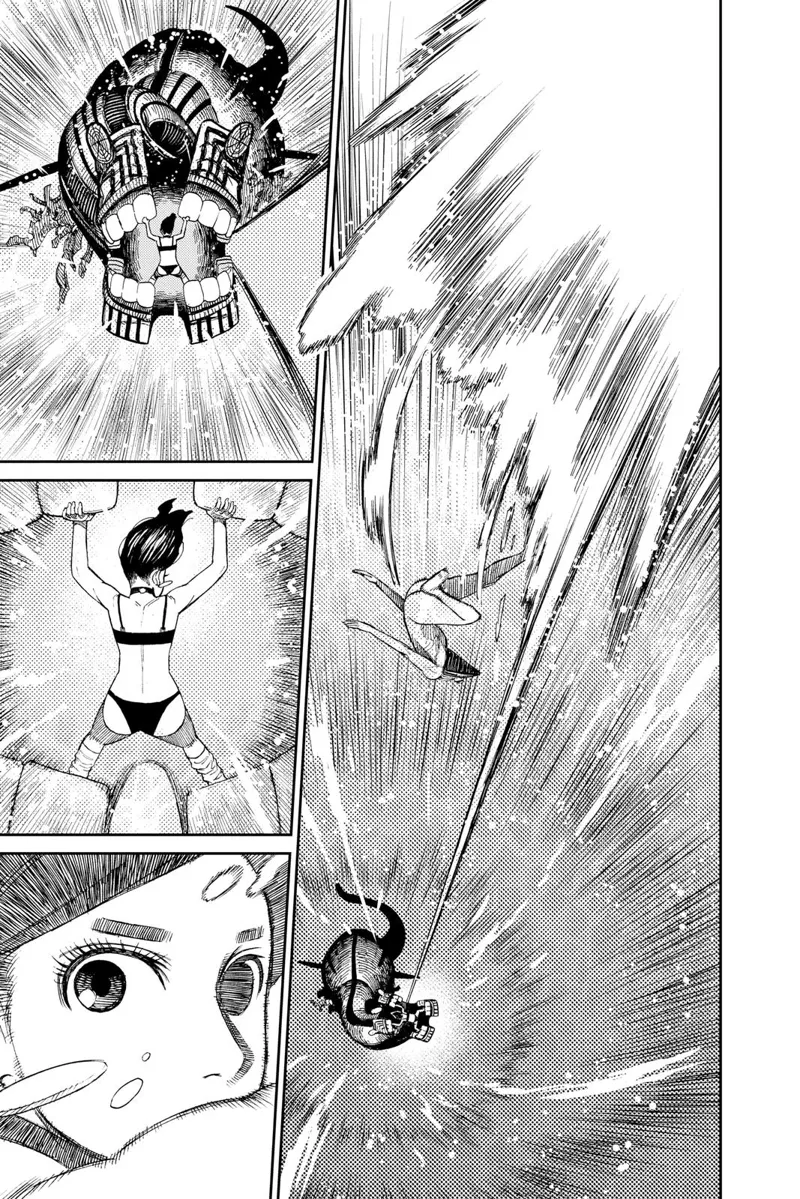 Okarun swiftly dashes to the monster, which is about to fire a powerful blast at Momo.