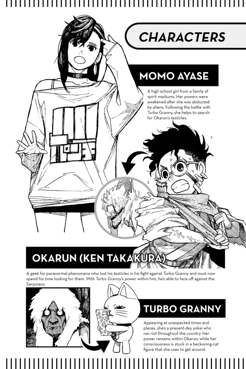 Character information of Momo Ayase, Okarun (Ken Takakura), and Turbo Granny.