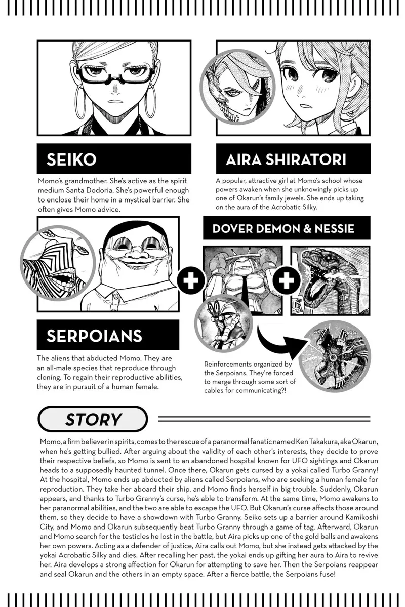 Character information of Aira Shiratori, Seiko, the Serpoians, Dover Demon, and Nessie.