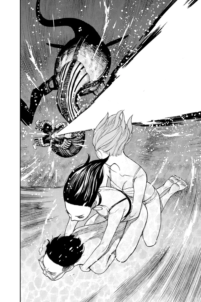 Okarun swims fast while Aira and Momo ride on his back to dodge the monster's powerful energy blast.