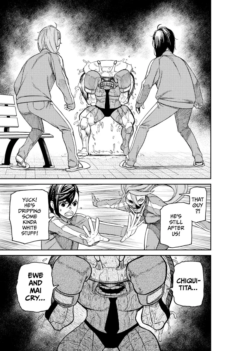 Momo and Aira see the monster boxer sweating profusely in front of them.
