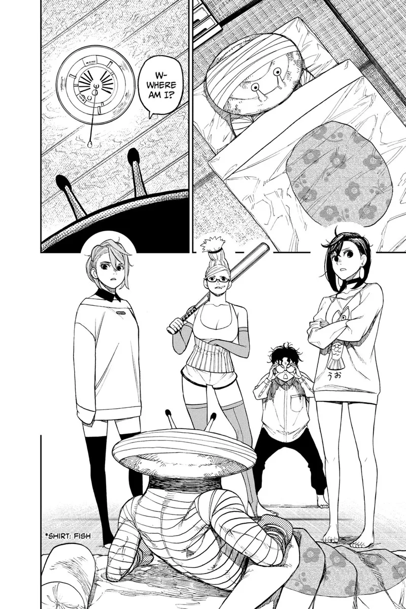 The monster boxer wakes up in a bed with Momo, Grandma, Aira, and Okarun standing before him.