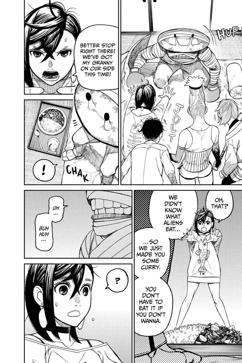 The monster boxer tries to stand up, but Momo stops him. He notices a plate with food beside his bed.